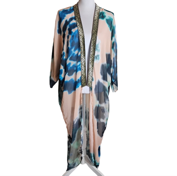 Suki So Goddess Tan Teal Tie Dye Kimono Robe OS Metallic Greek Key Coverup READ - Picture 3 of 15